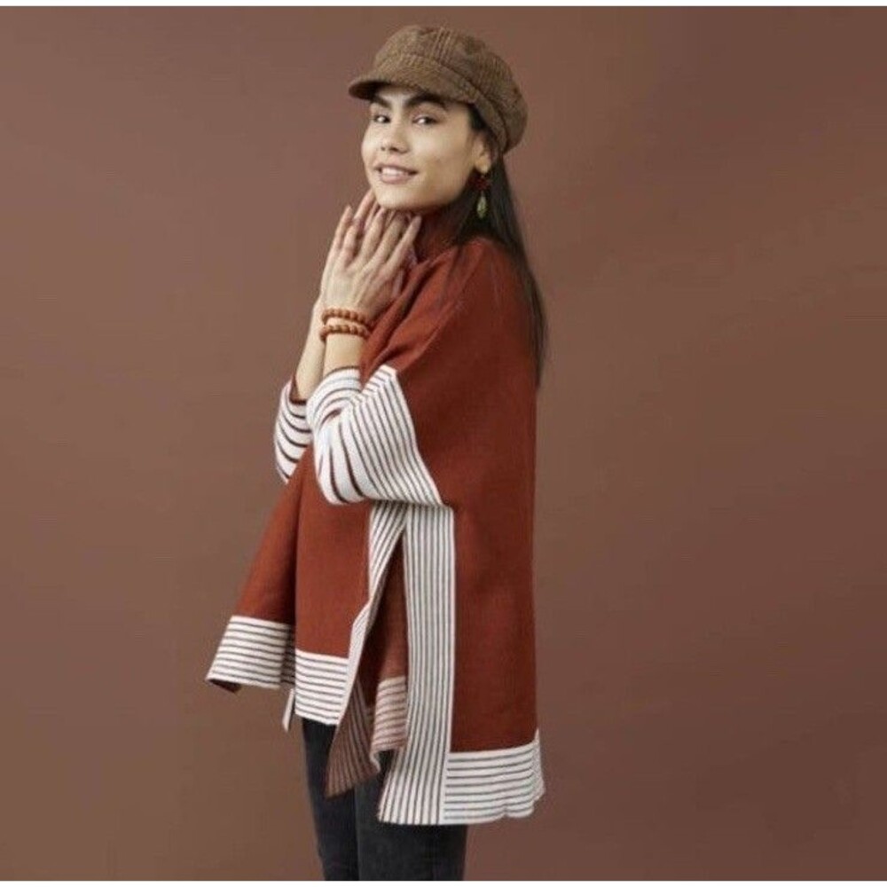 Chicwish Poncho Sweater One Size Burnt Orange Cape Stripes Boho Contemporary